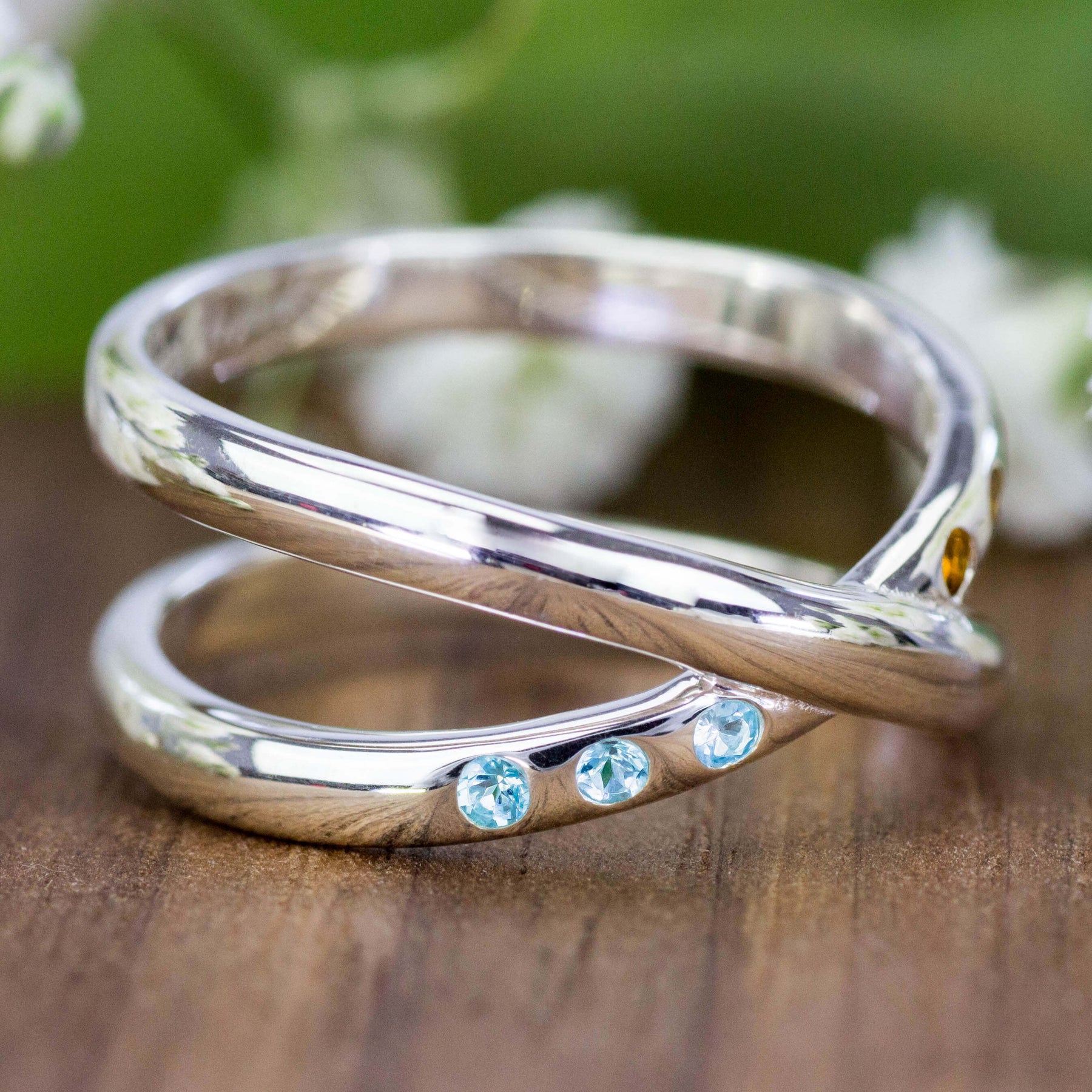 925 Silber Doppelring blauer Topas Citrin