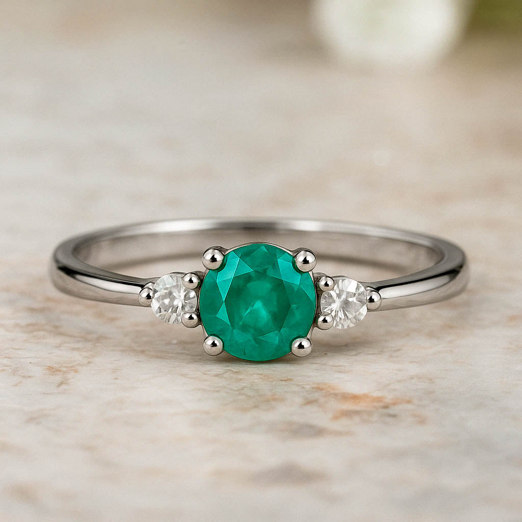 Eleganter Drei Steine Ring mit Smaragd