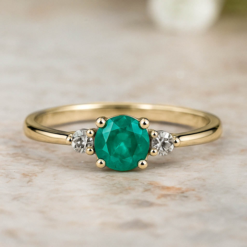 Eleganter Drei Steine Ring Smaragd