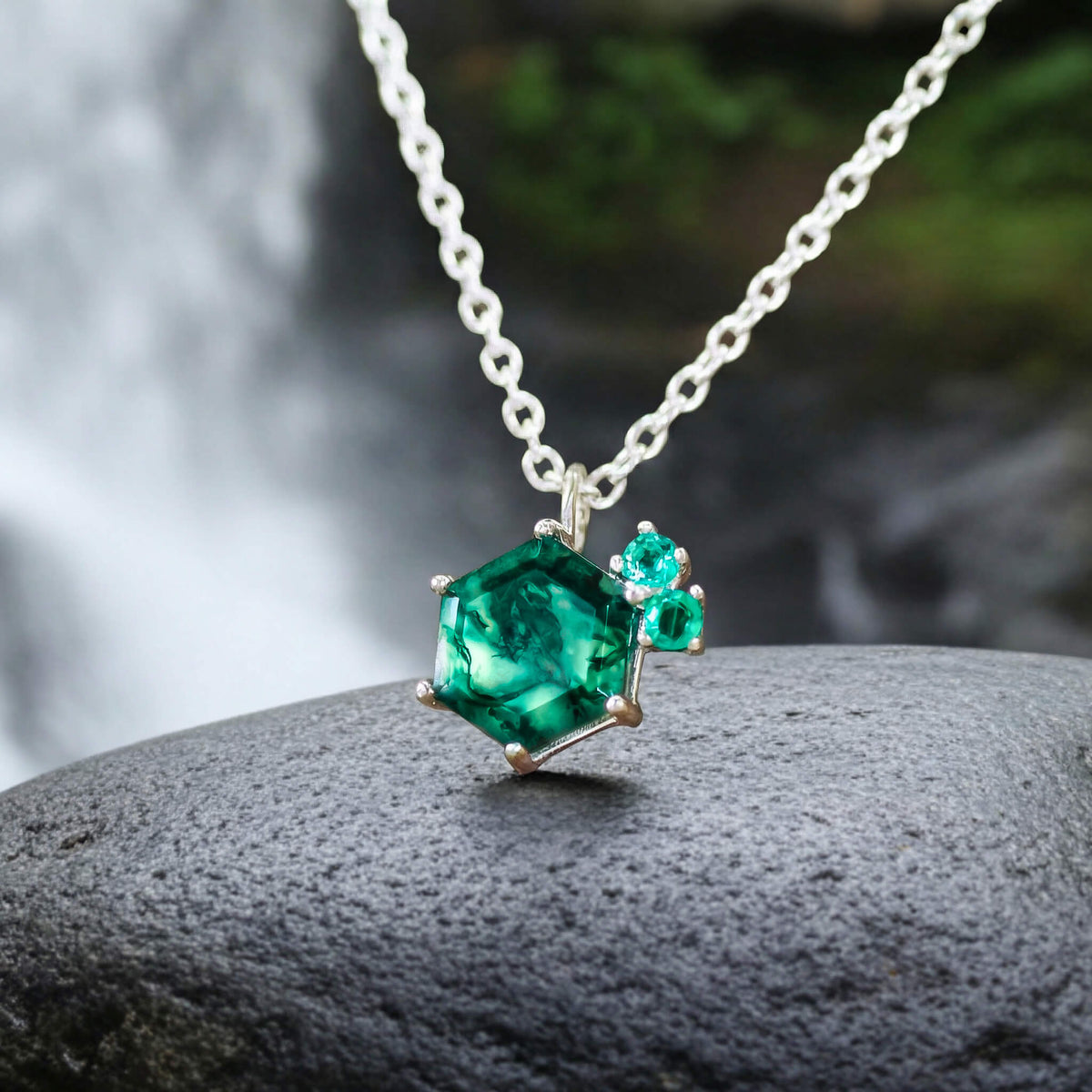 Moosachat Smaragd Halskette Silber