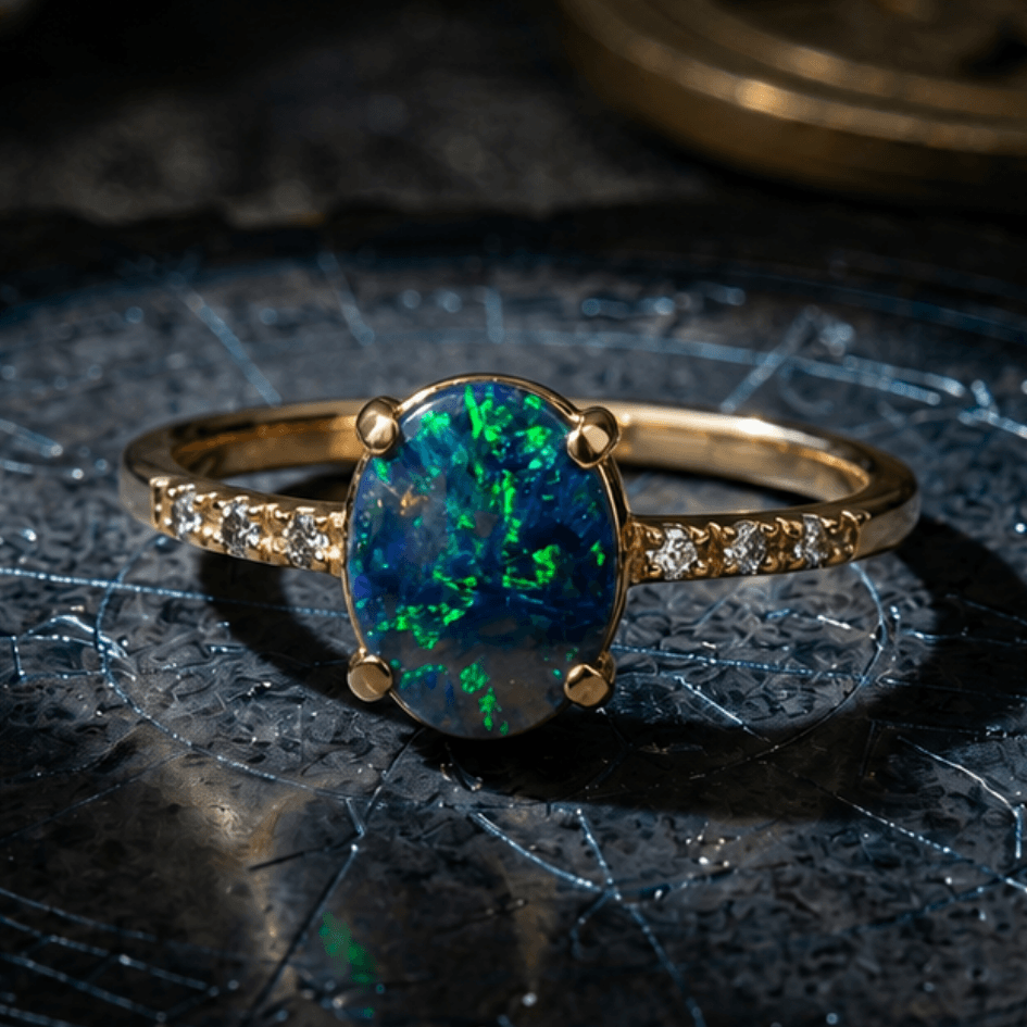 Schwarzer Opal mit Diamanten Goldener Ring