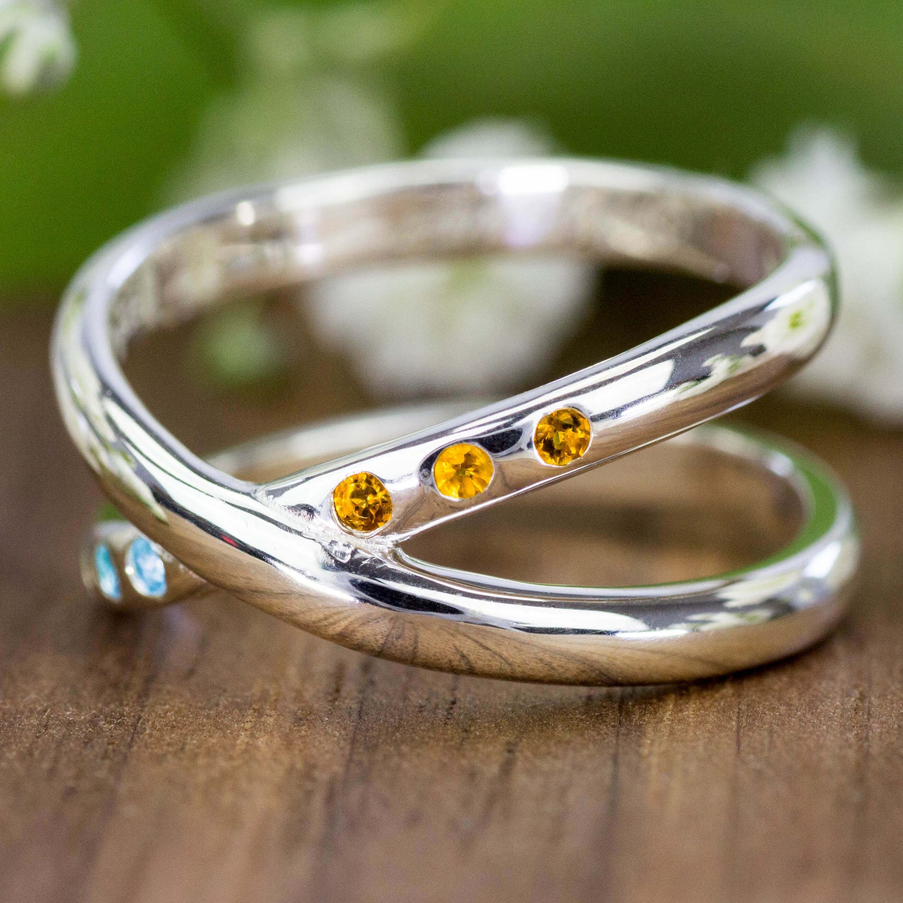Silber Doppelring blau gelb Steine