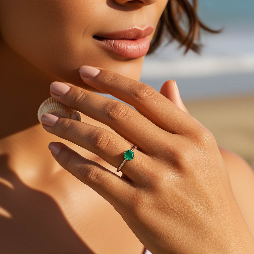 Smaragd Solitär Silber Ring Frau