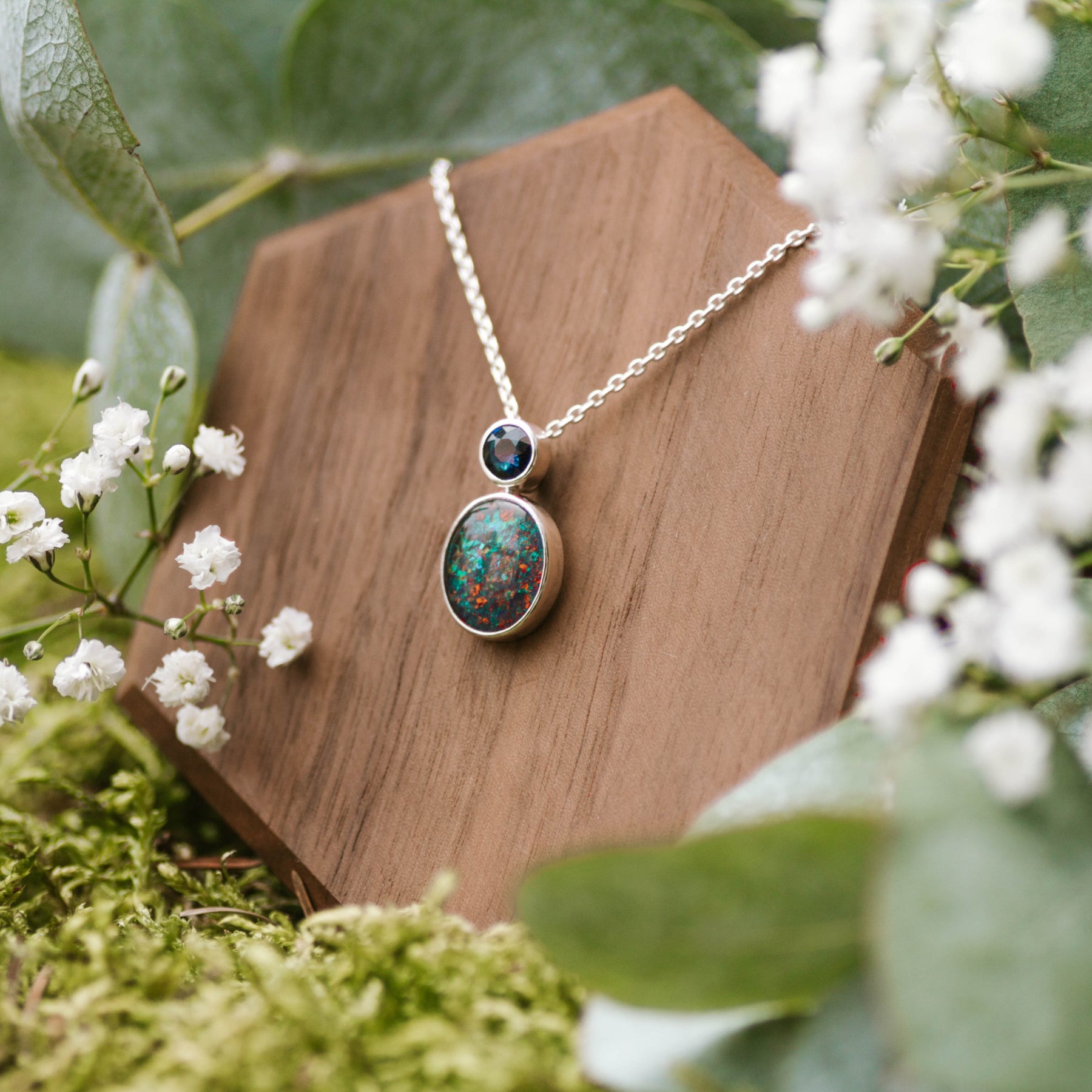 Halskette Schmuck Schwarzer Opal Blauer Saphir Brautschmuck Silber