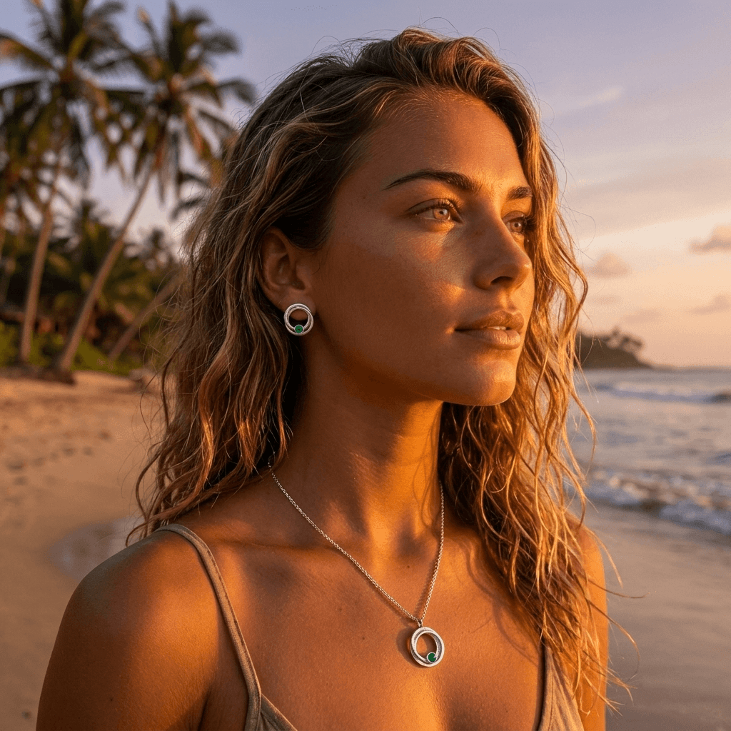 Frau traegt Smaragd Schmuckset