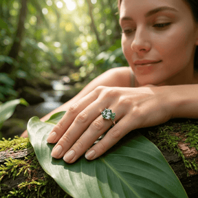 Hand mit Moosachat mit Smaragden Ring