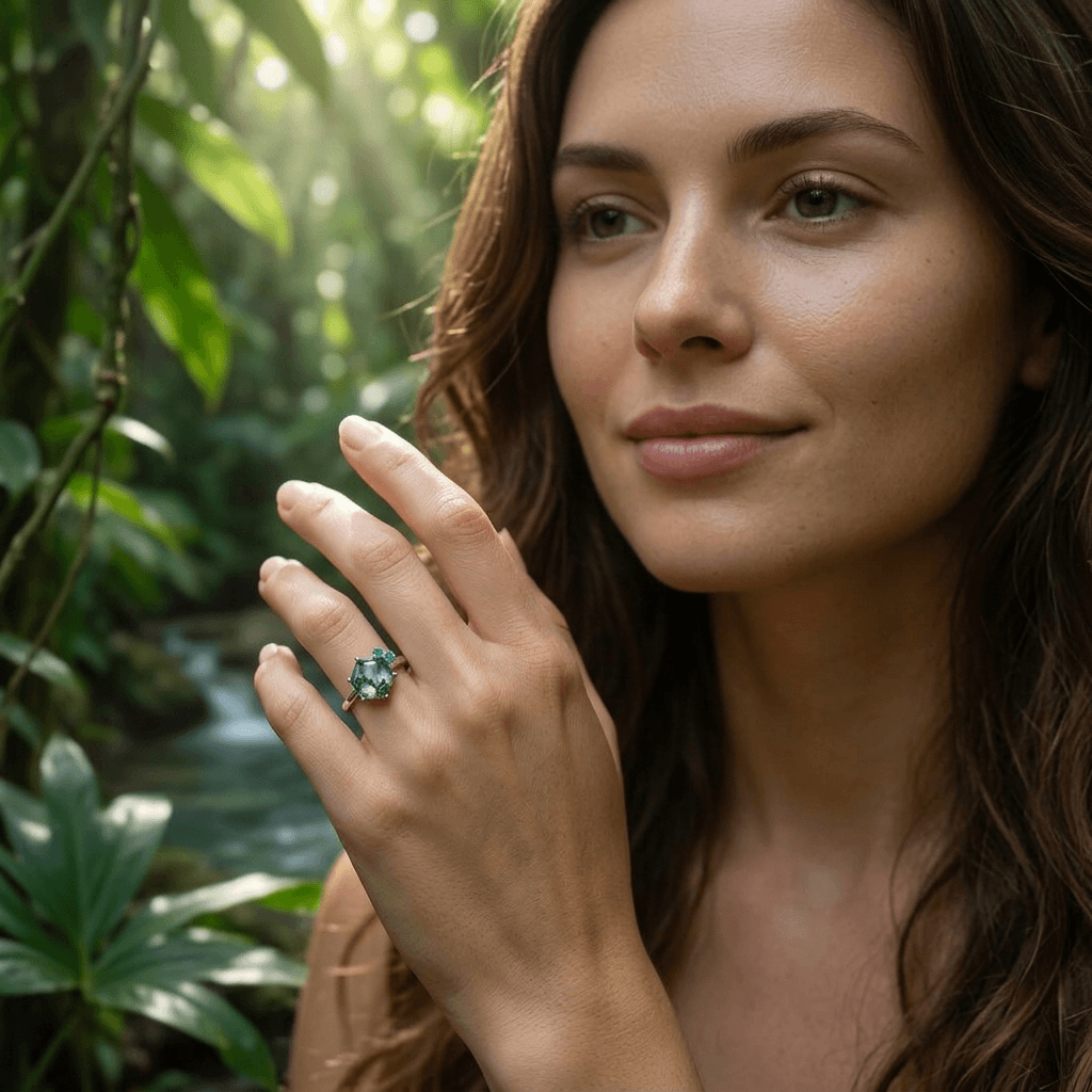 Model traegt Moosachat mit Smaragden Ring