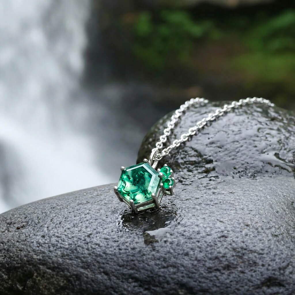 Moosachat Smaragd Halskette Silber Anhaenger