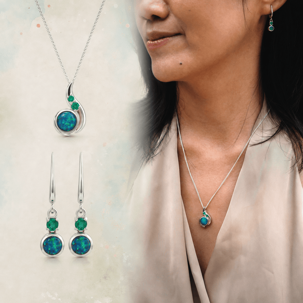 Opal Schmuckset Silber Ohrringe Halskette