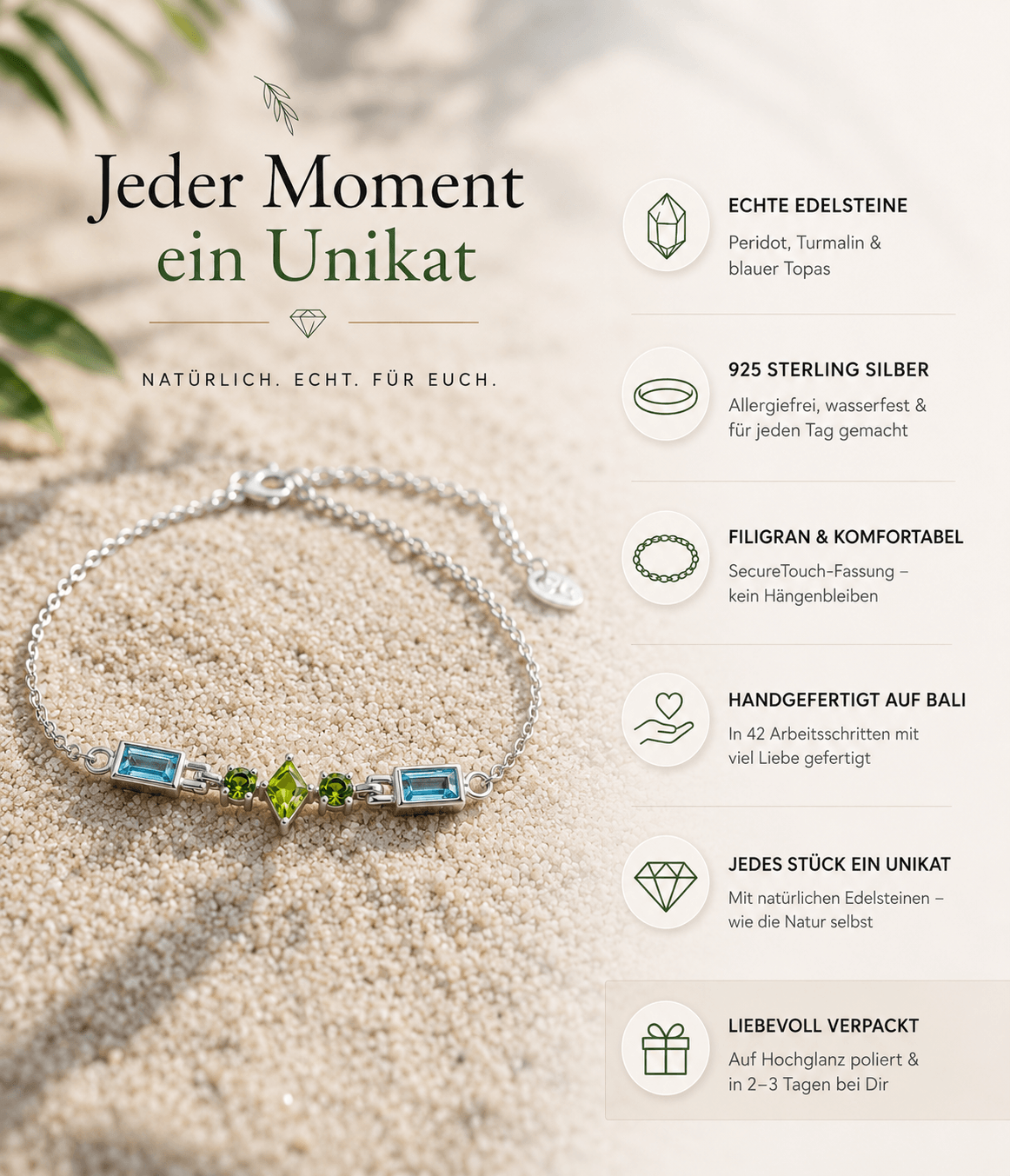 Silber Armband mit Blau und Gruenen Edelsteinen