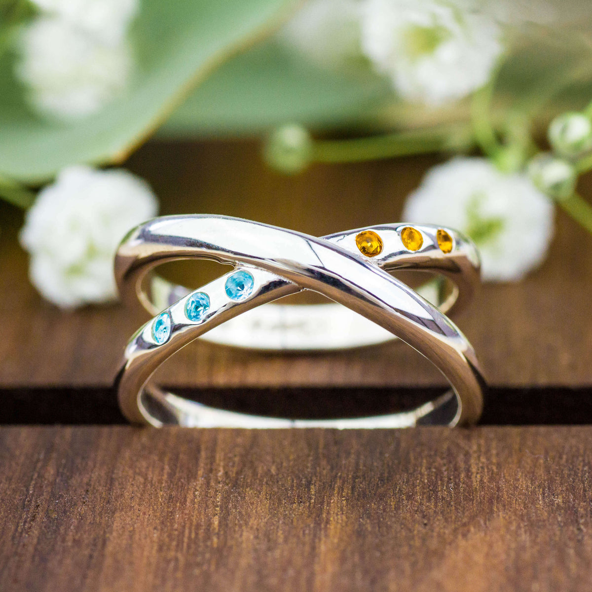 Silber Doppelring blauer Topas Citrin Bali
