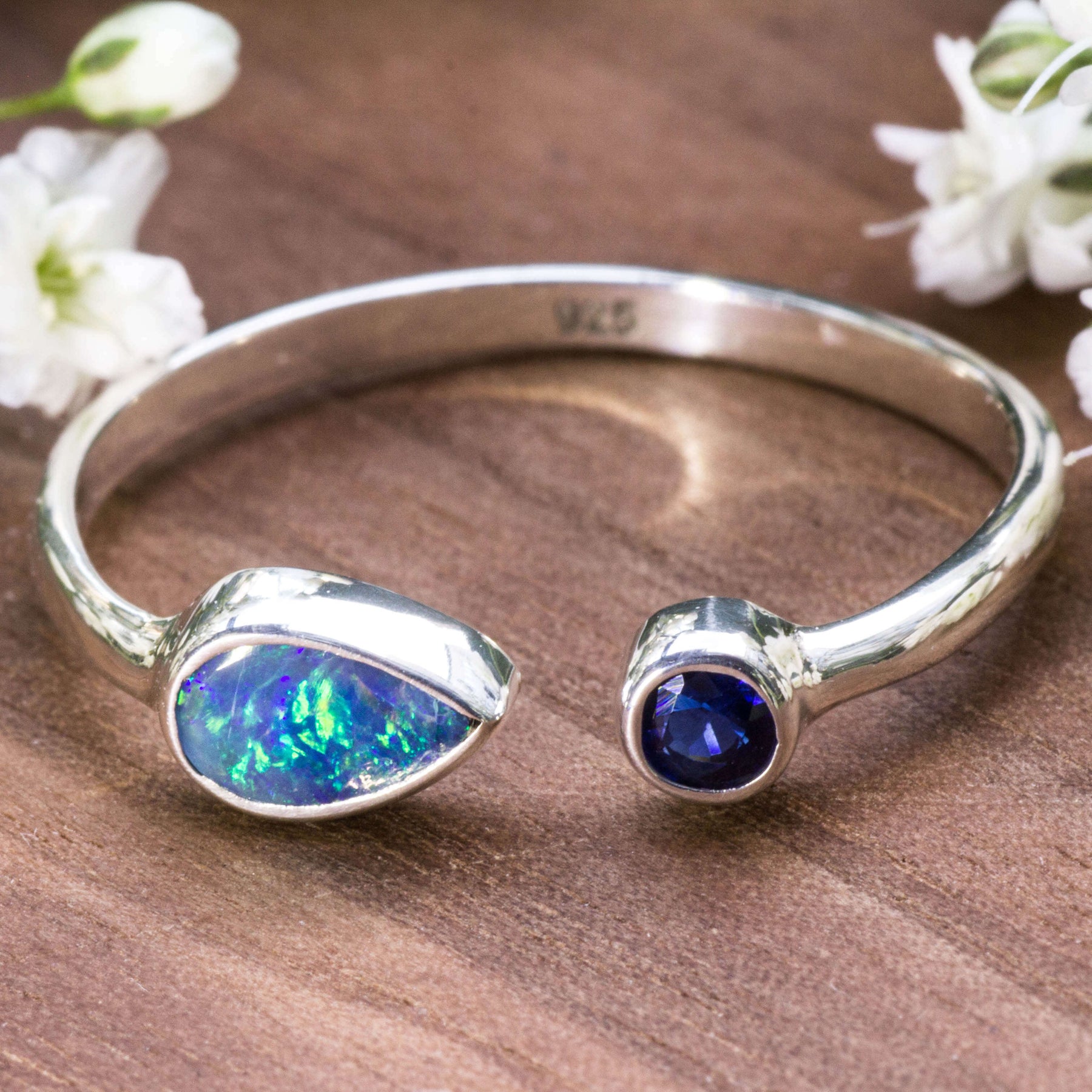 Brautchmuck Ring Silber blau Saphir schwarzer Opal